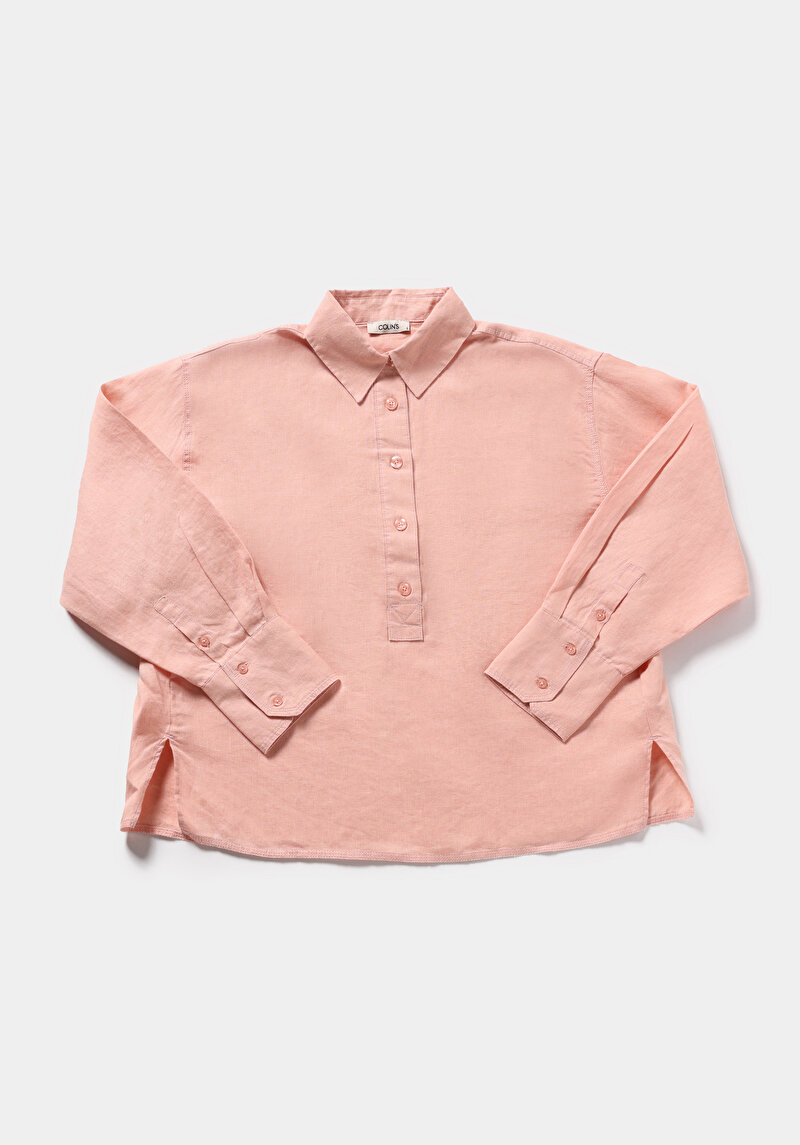 Fashion Fit Shirt Neck Düz Kadın Turuncu Uzun Kol Gömlek