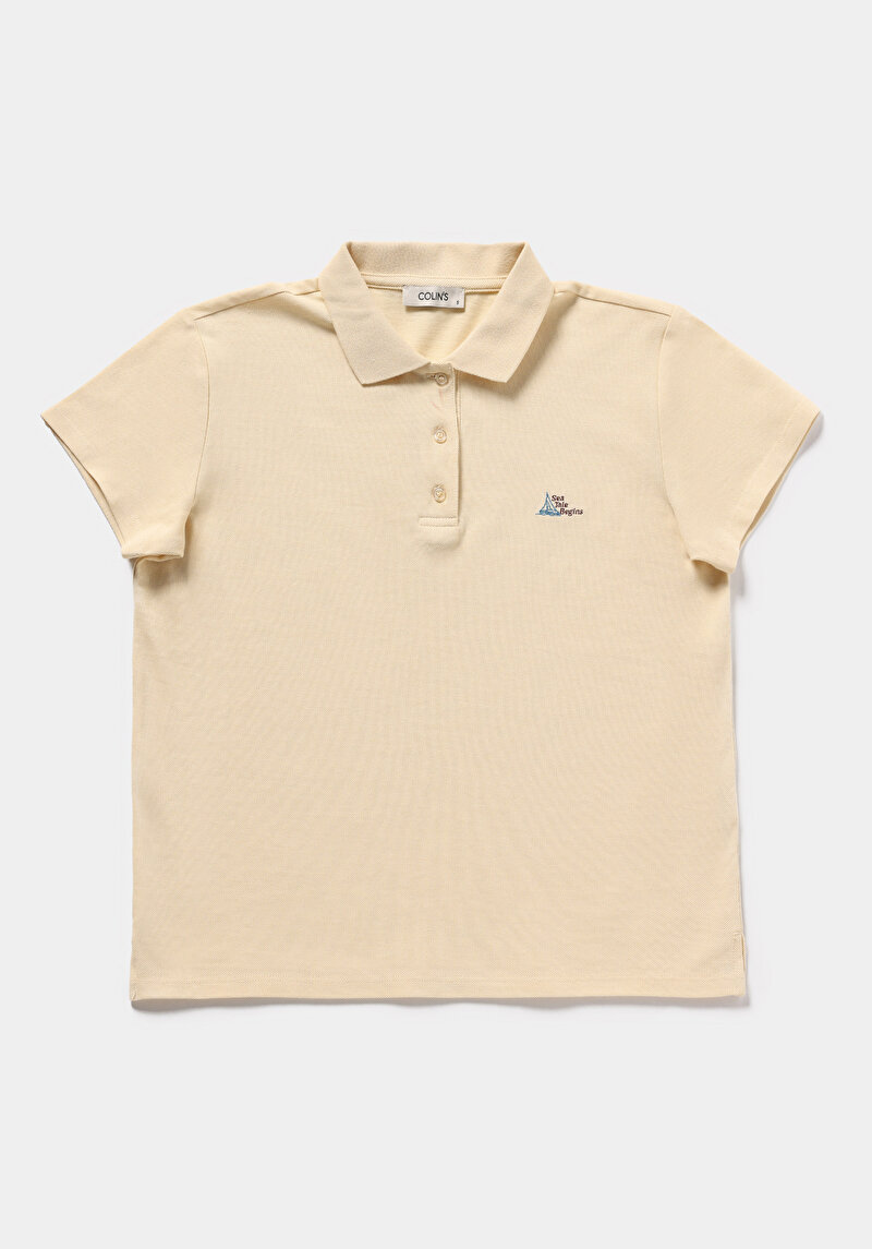 Regular Fit Polo Yaka Nakışlı Kadın Sari Kısa Kol Tişört