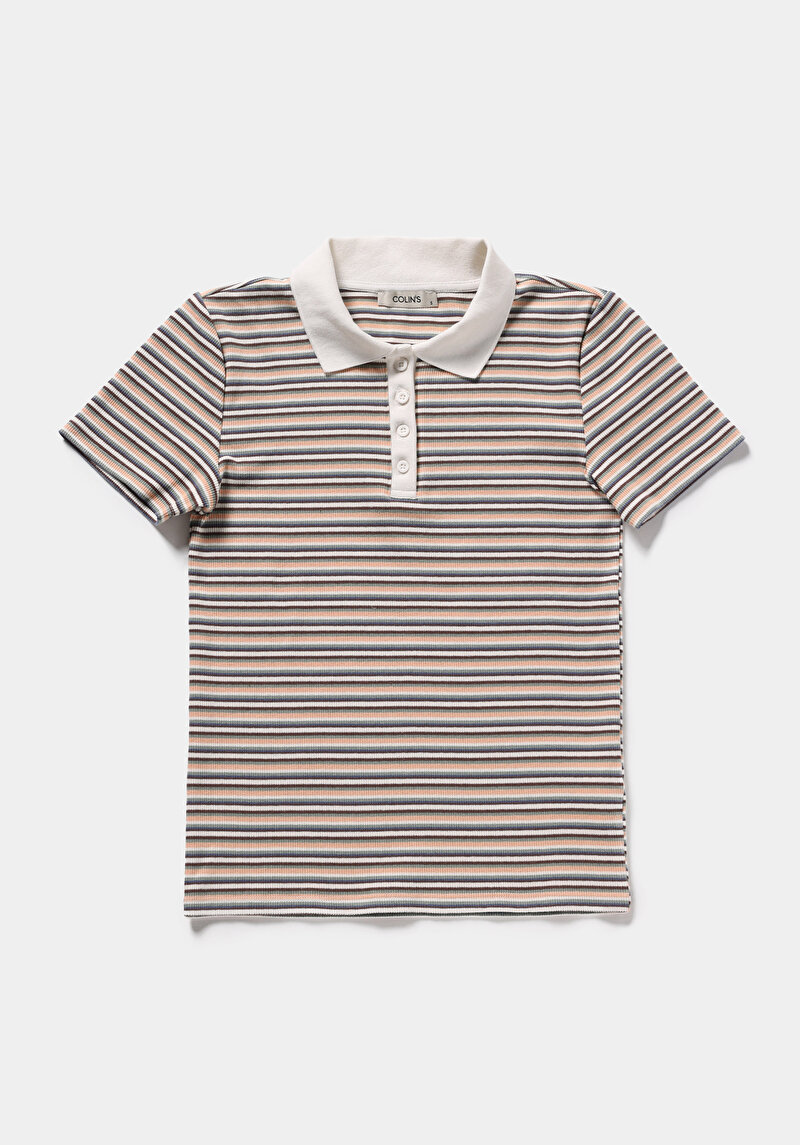 Slim Fit Polo Yaka Çizgili Kadın Yeşil Kısa Kol Tişört