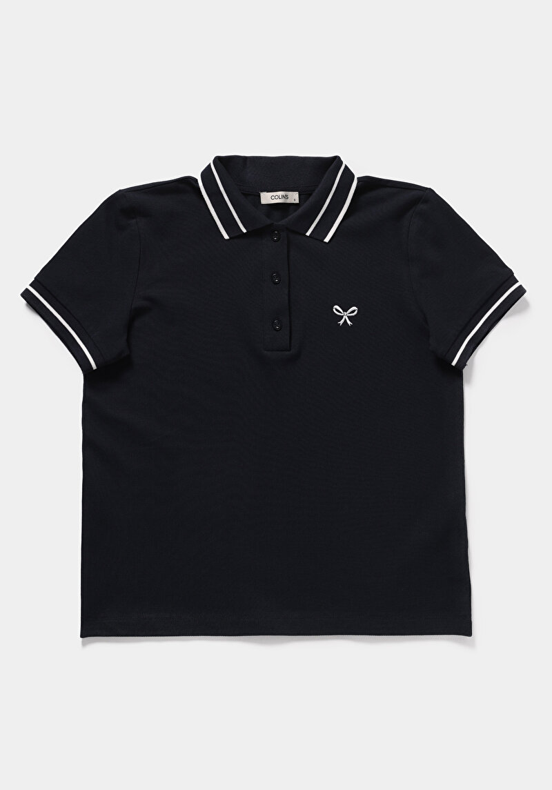 Regular Fit Polo Yaka Nakışlı Kadın Lacivert Kısa Kol Tişört