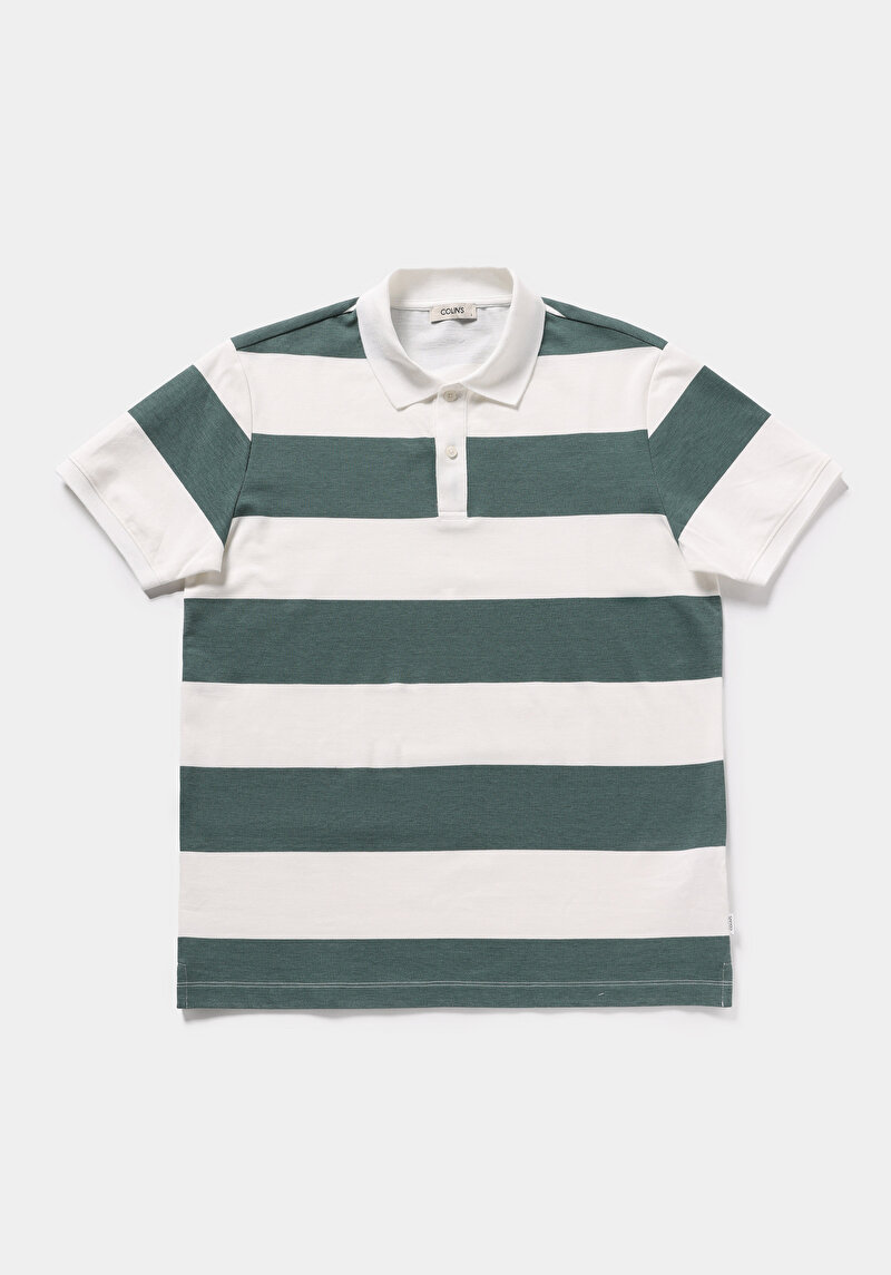 Regular Fit Polo Yaka Çizgili Erkek Yeşil Kısa Kol Tişört