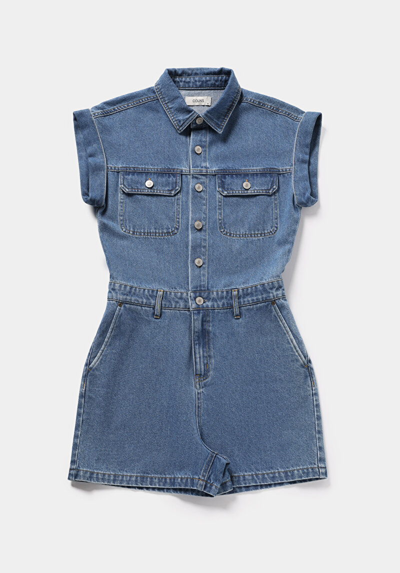 Regular Fit  Düz Kadın Mid İndigo Denim Jean Şort