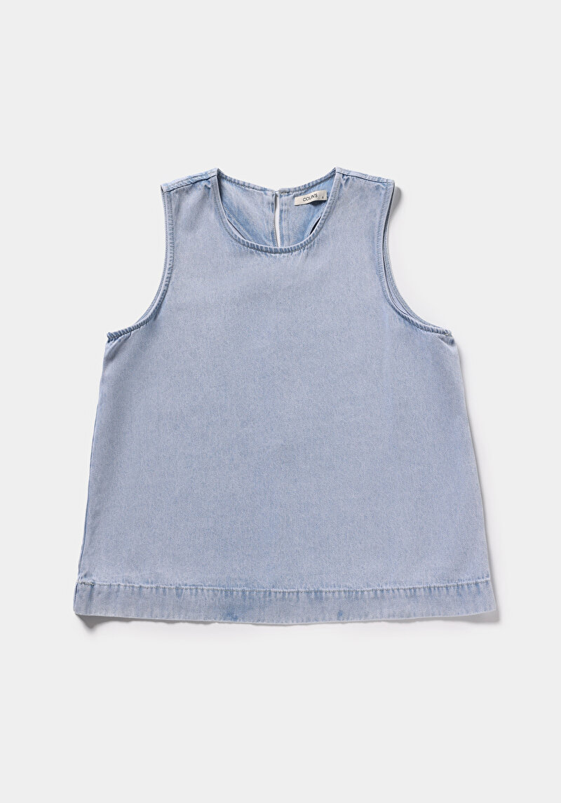 Regular Fit Yuvarlak Yaka Düz Kadın Bleach İndigo Denim Kolsuz Gömlek