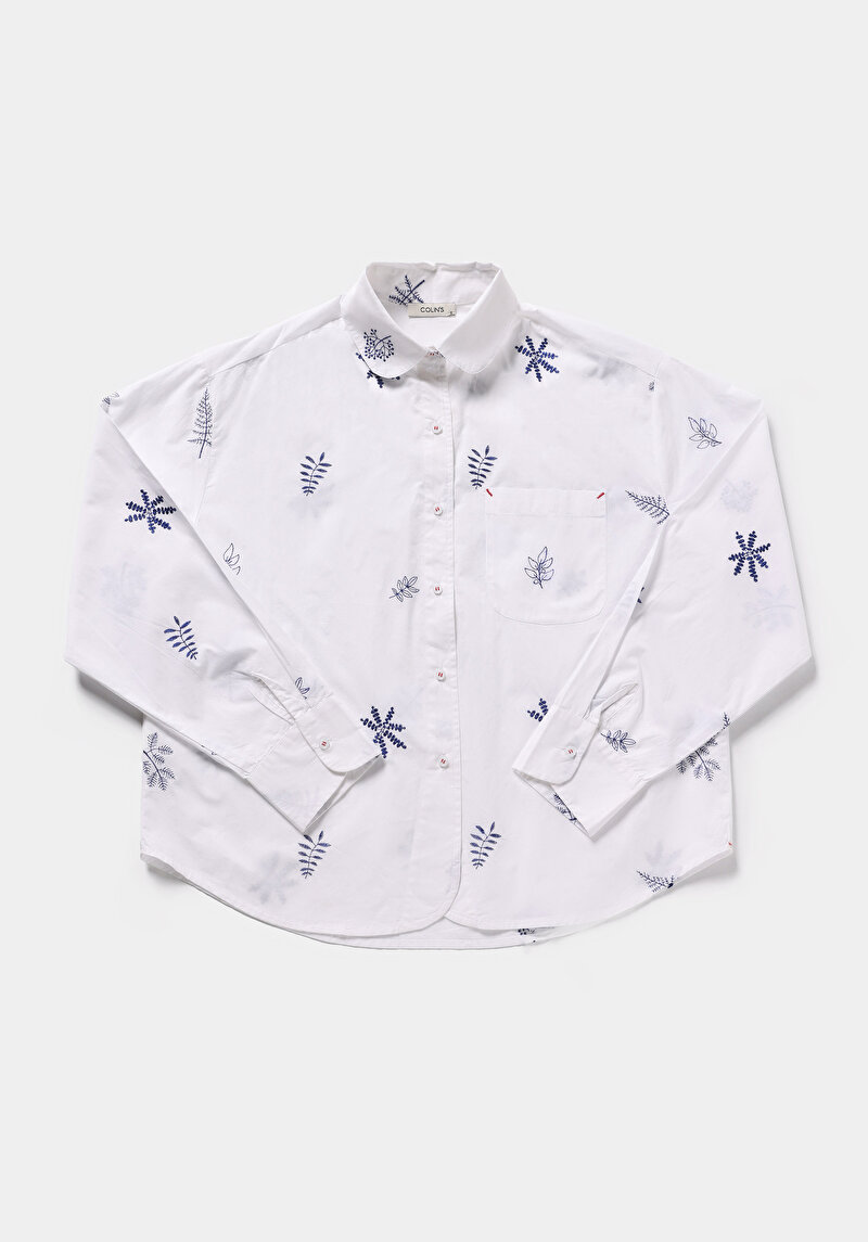 Boyfriend Shirt Neck Nakışlı Kadın Ekru Uzun Kol Gömlek