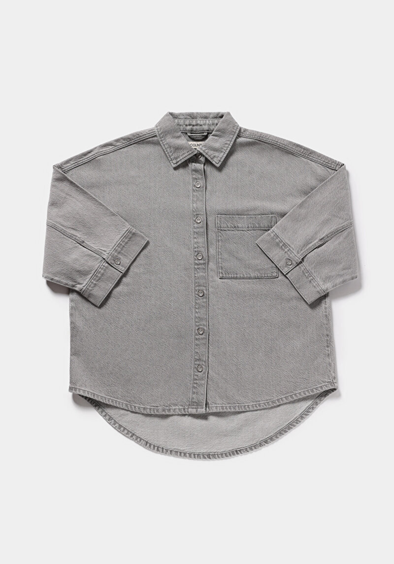 Oversize Fit Klasik Yaka Düz Kadın Grey Denim Uzun Kol Gömlek