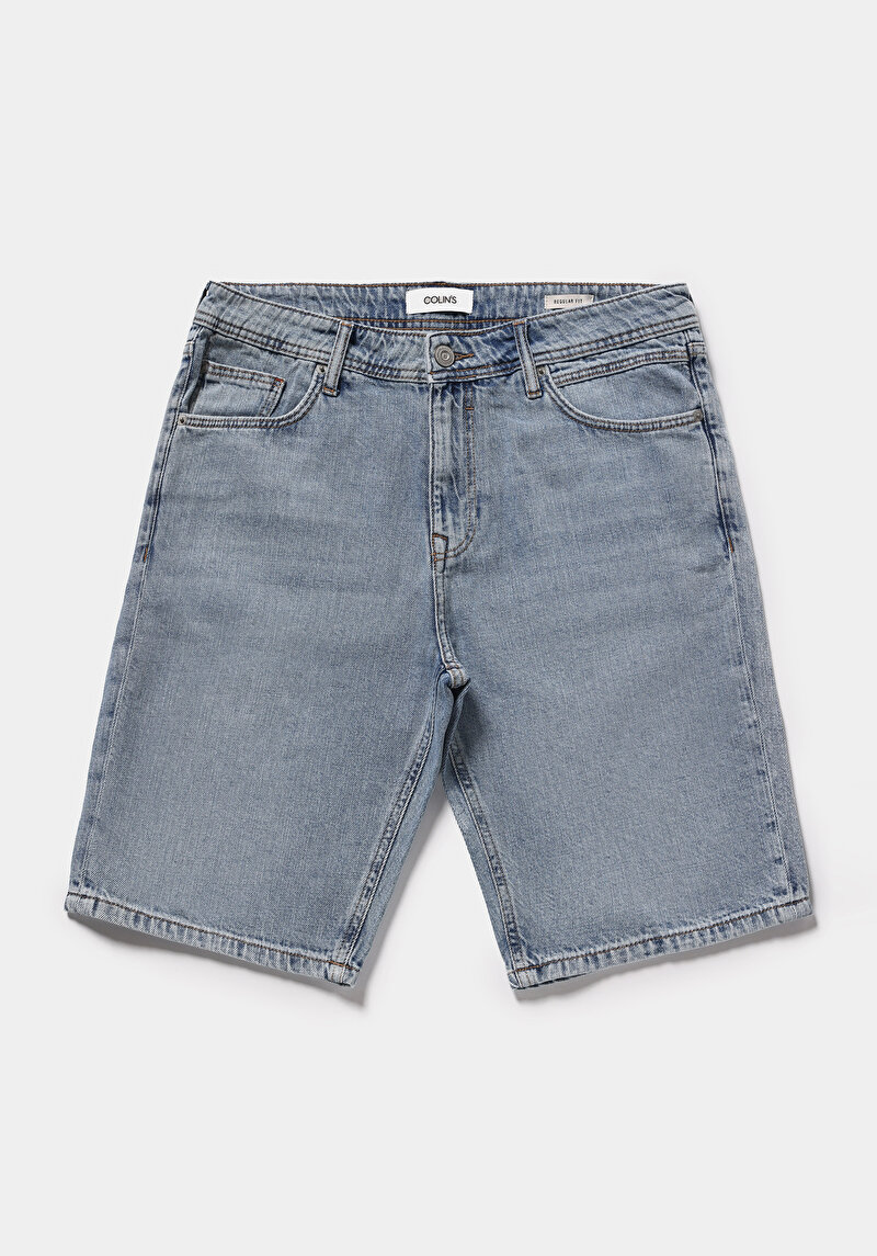 Regular Fit Orta Bel Düz Erkek Light İndigo Denim Jean Şort