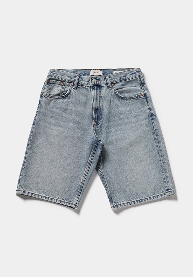 Loose Straight Fit Orta Bel Düz Erkek Light İndigo Denim Jean Şort