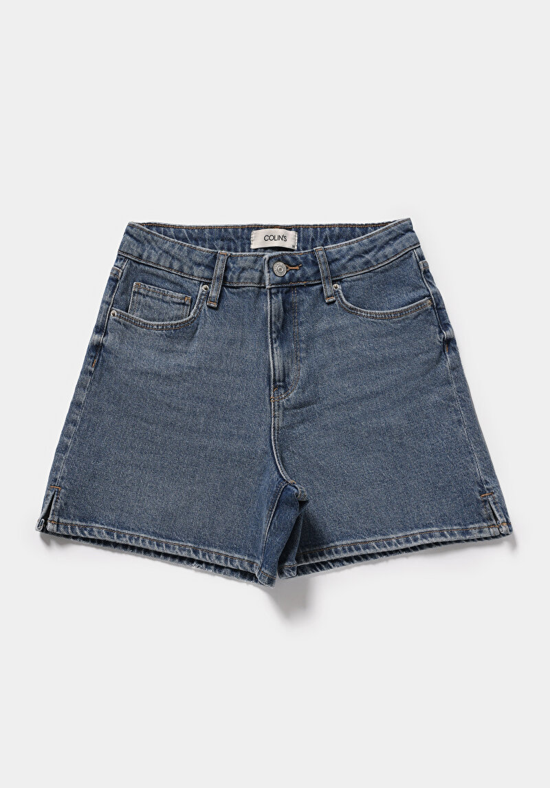 Regular Fit Yüksel Bel Düz Kadın Light İndigo Denim Jean Şort