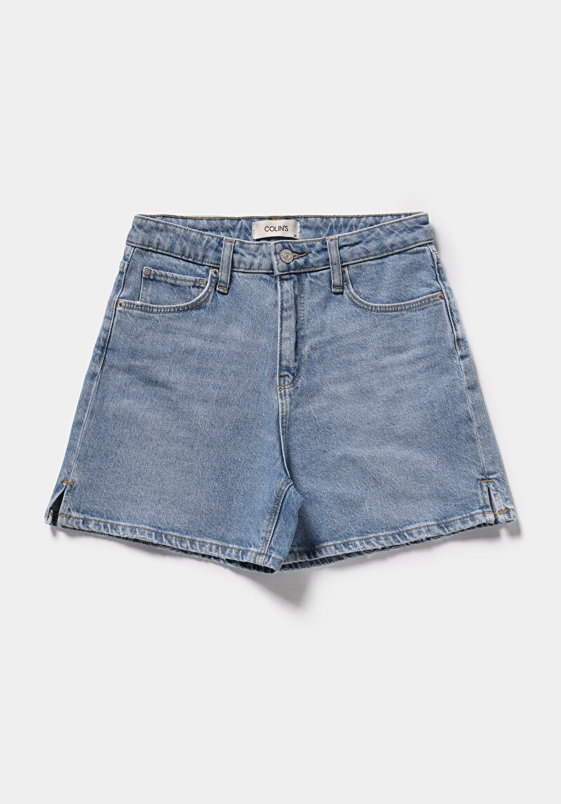 Regular Fit Yüksel Bel Düz Kadın Light İndigo Denim Jean Şort