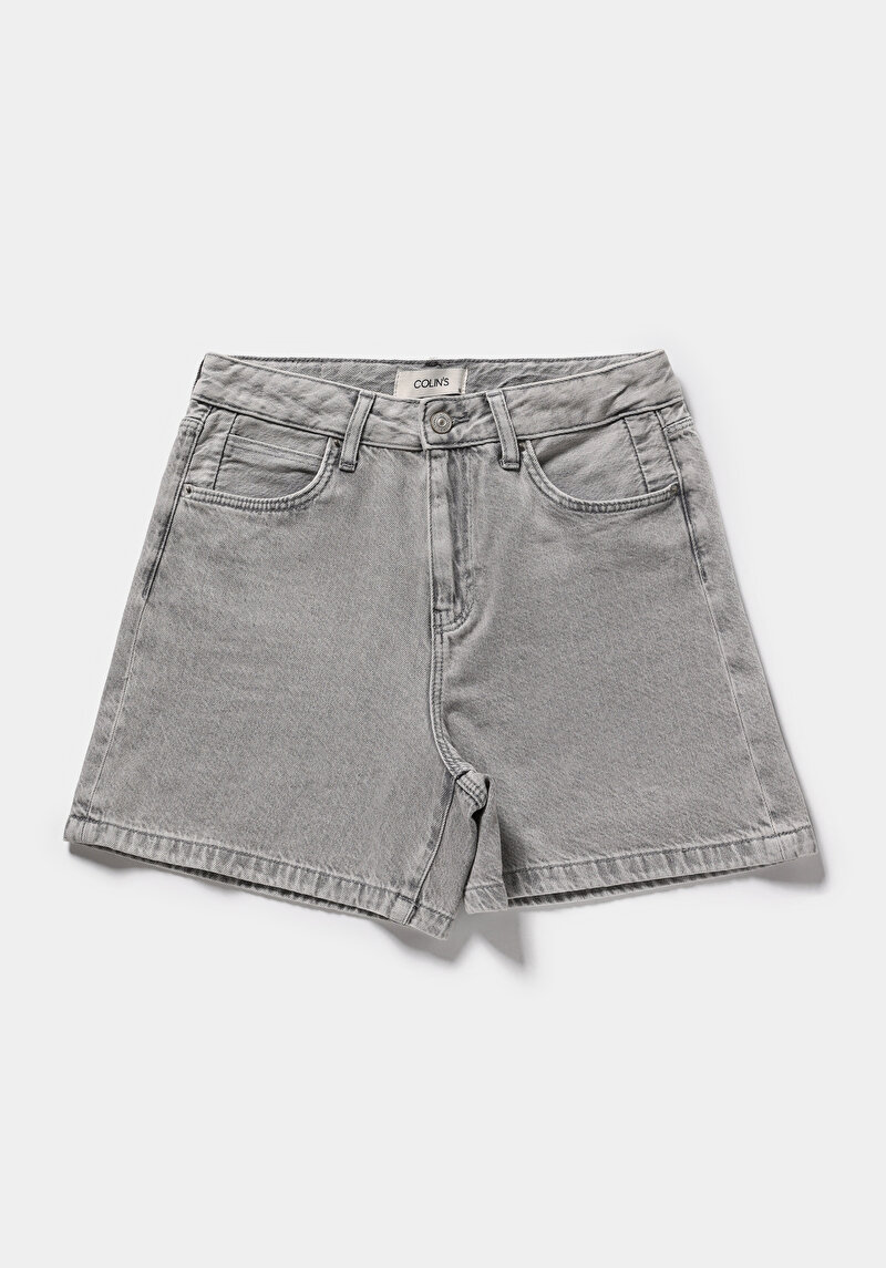 Mom Fit Yüksel Bel Düz Kadın Grey Denim Jean Şort