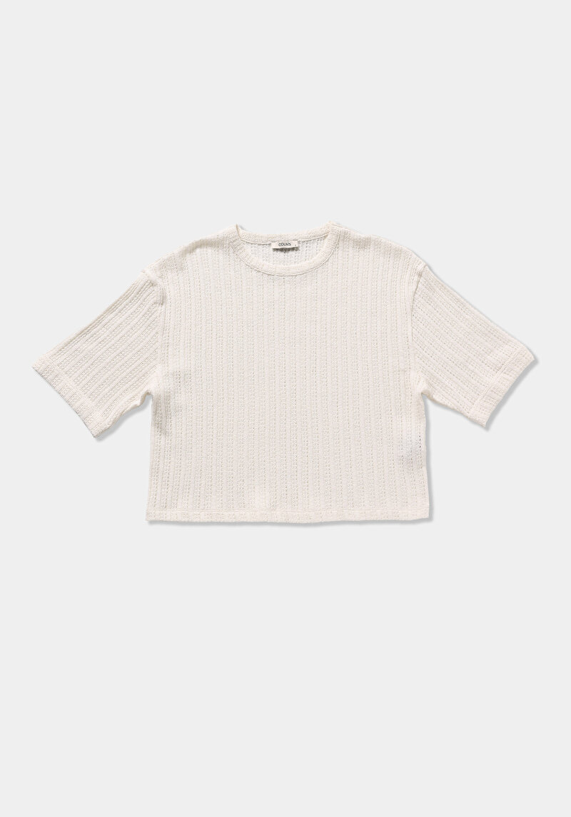 Regular Fit Yuvarlak Yaka Jakarlı Kadın Ekru Kısa Kol Tişört