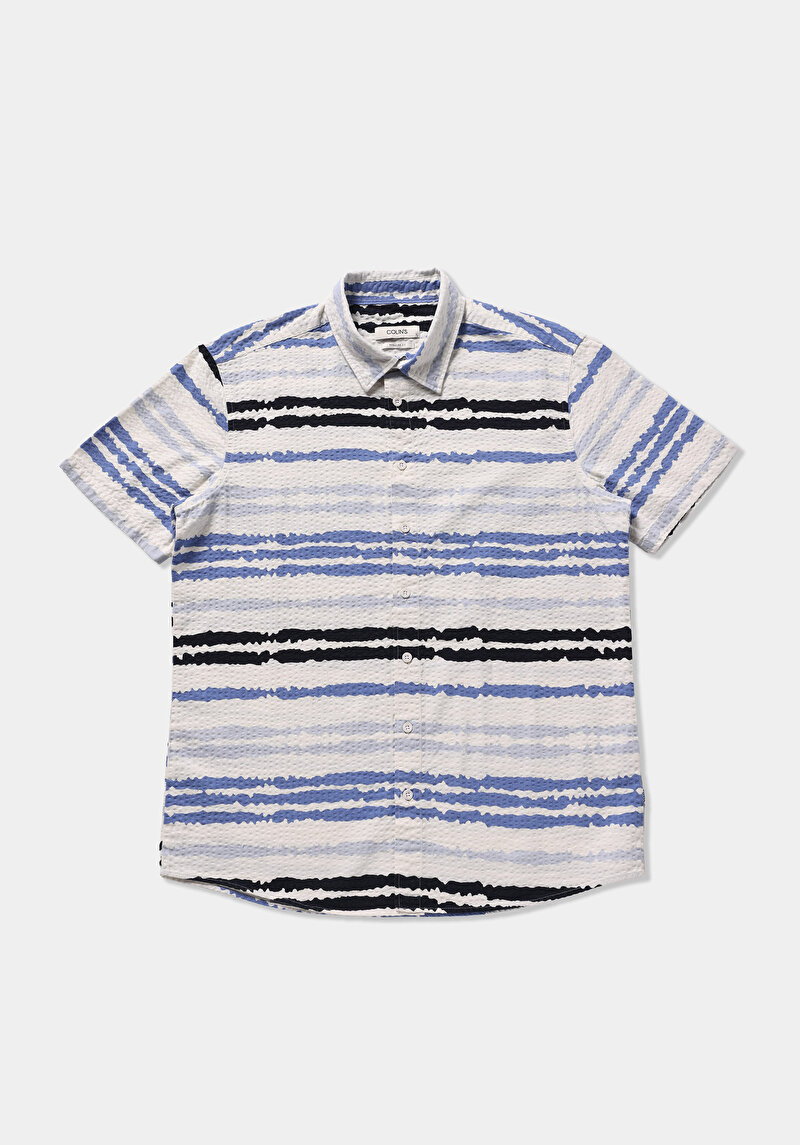 Regular Fit Shirt Neck Çizgili Erkek Mavi Kısa Kol Gömlek