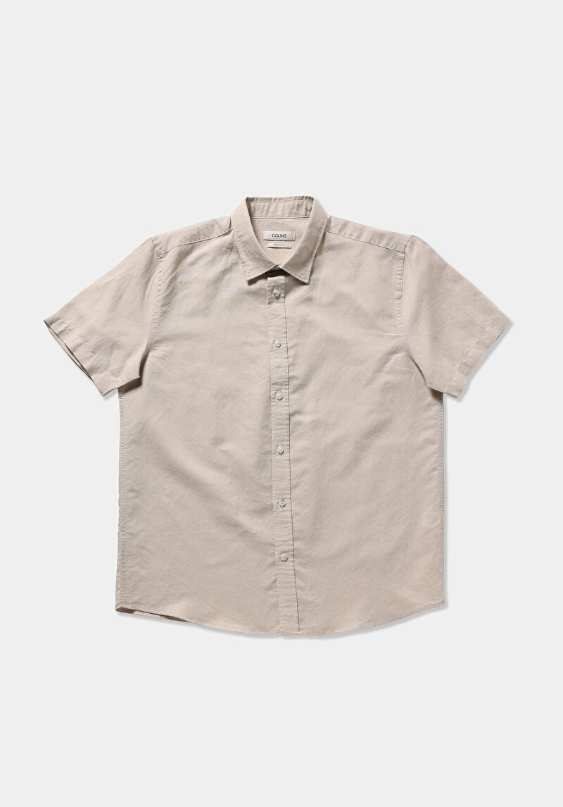 Regular Fit Shirt Neck Düz Erkek Bej Uzun Kol Gömlek