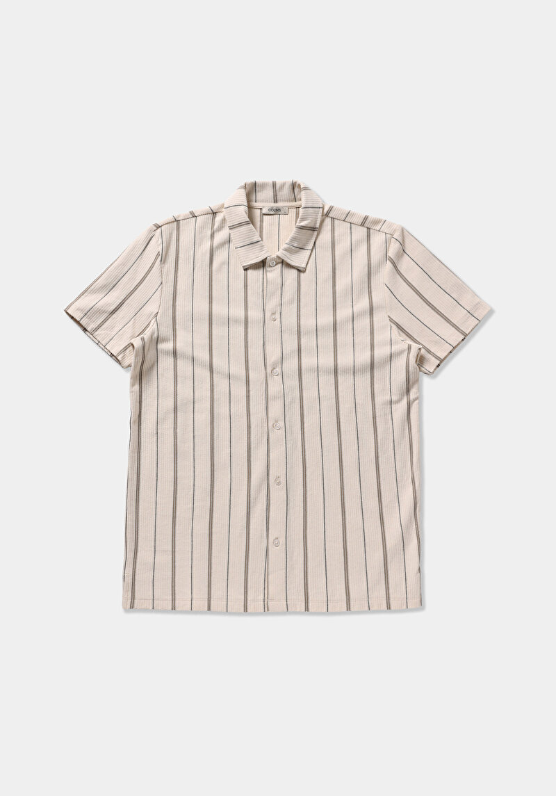 Regular Fit Polo Yaka Çizgili Erkek Ekru Kısa Kol Tişört