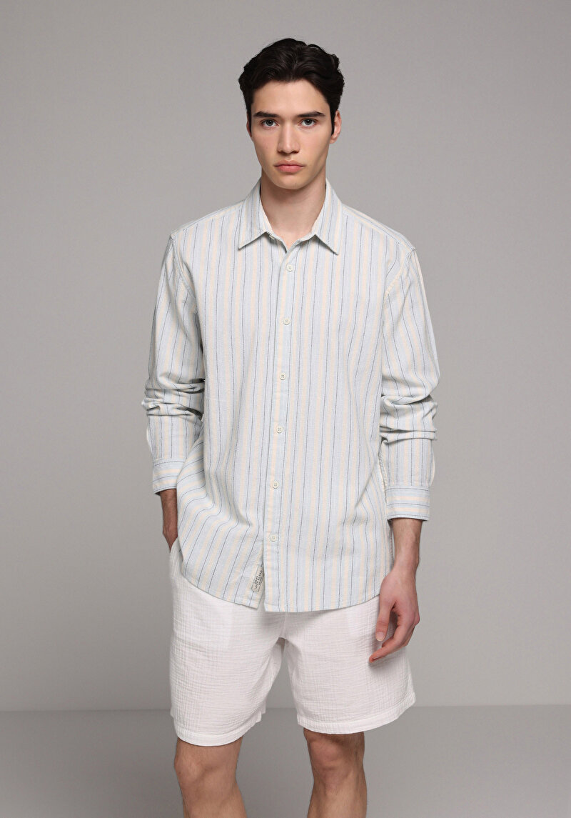 Relaxed Fit Shirt Neck Çizgili Erkek Mavi Uzun Kol Gömlek