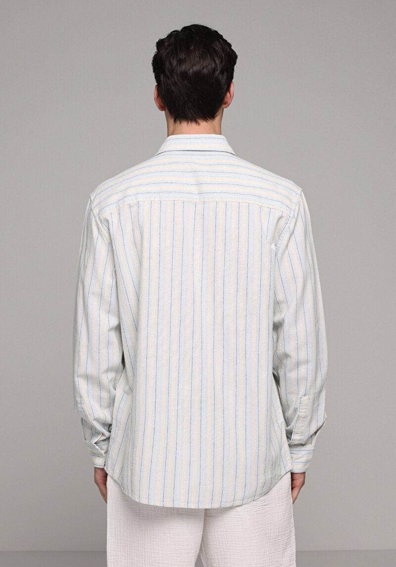 Relaxed Fit Shirt Neck Çizgili Erkek Mavi Uzun Kol Gömlek