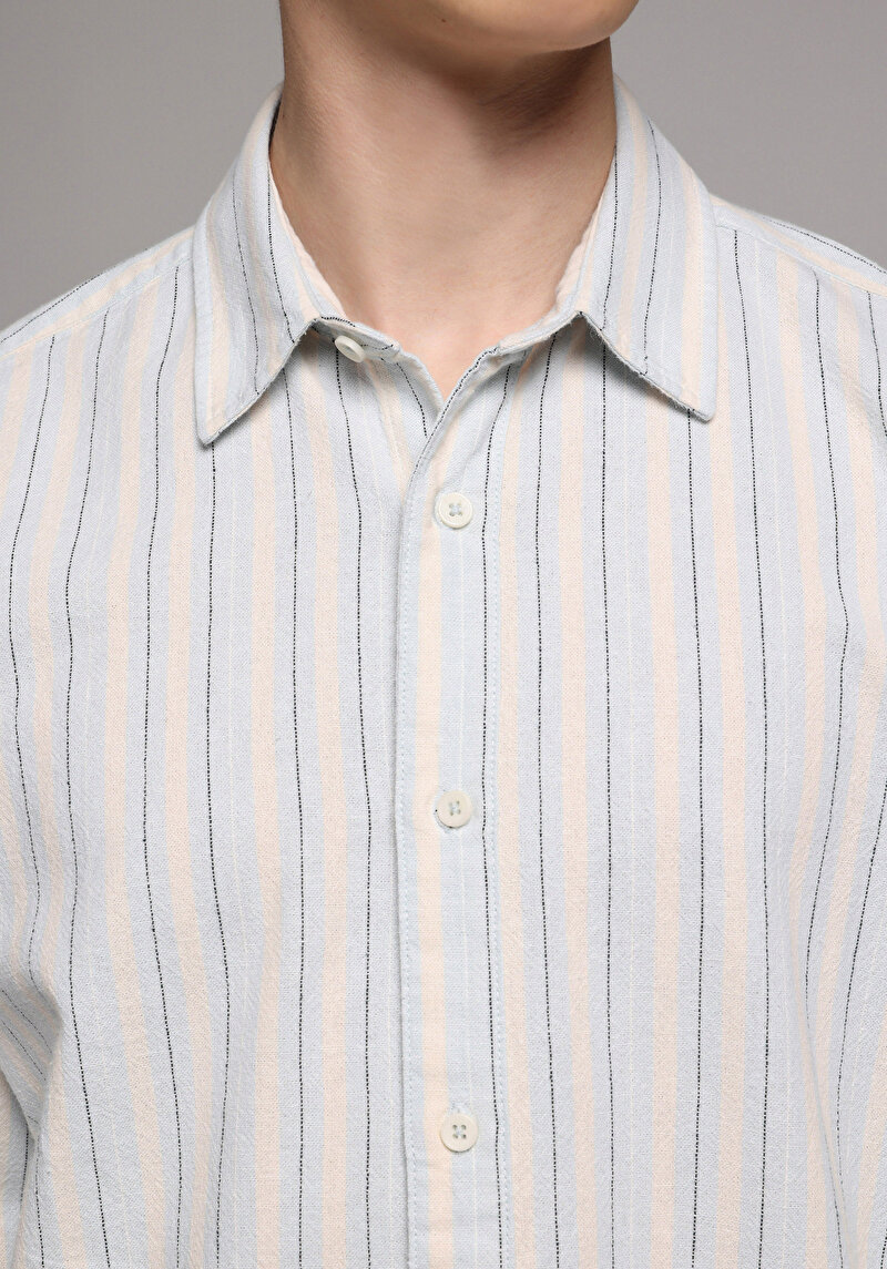 Relaxed Fit Shirt Neck Çizgili Erkek Mavi Uzun Kol Gömlek