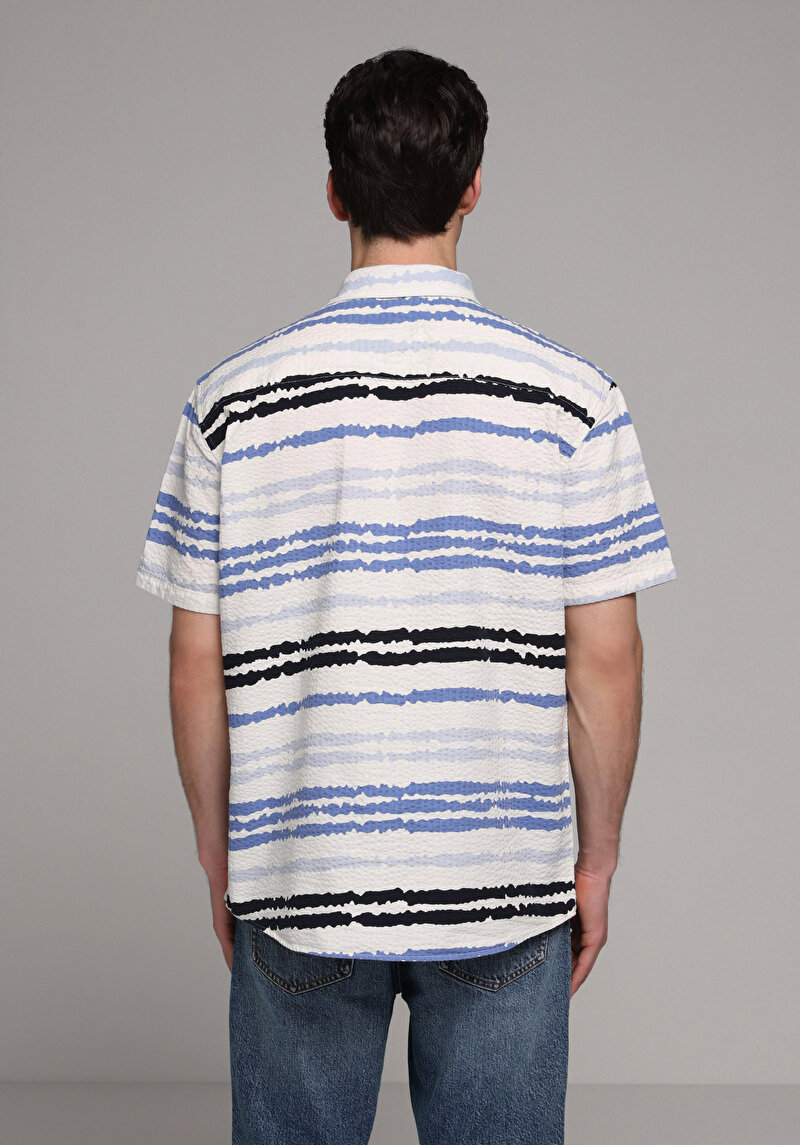 Regular Fit Shirt Neck Çizgili Erkek Mavi Kısa Kol Gömlek