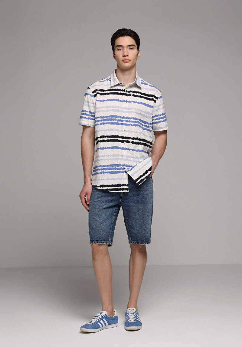 Regular Fit Shirt Neck Çizgili Erkek Mavi Kısa Kol Gömlek