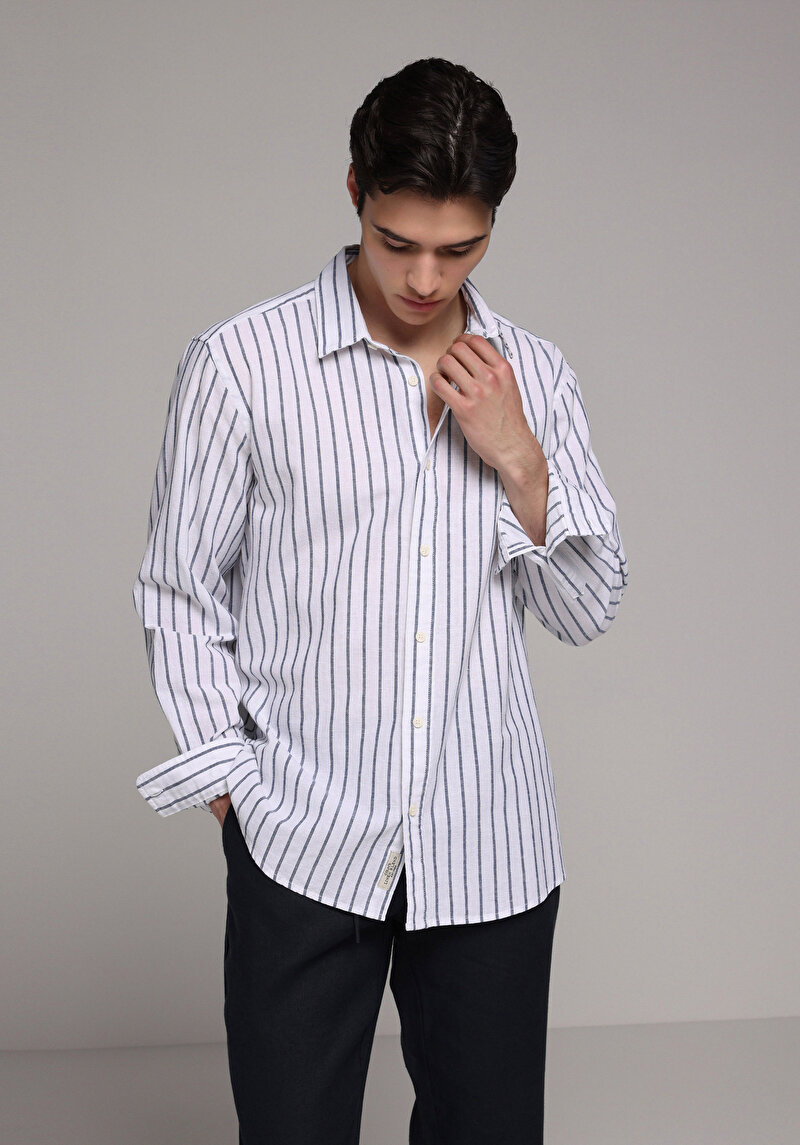 Regular Fit Shirt Neck Çizgili Erkek Lacivert Uzun Kol Gömlek
