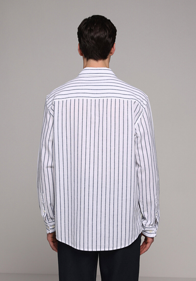 Regular Fit Shirt Neck Çizgili Erkek Lacivert Uzun Kol Gömlek