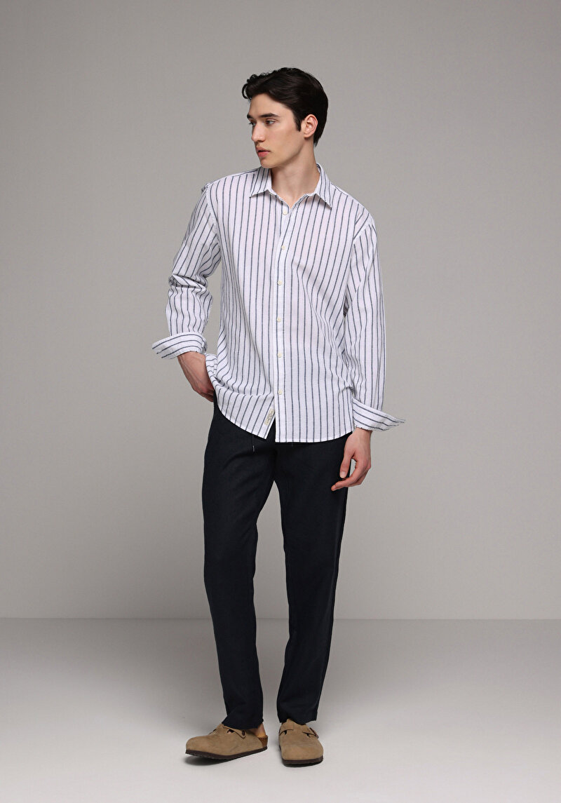 Regular Fit Shirt Neck Çizgili Erkek Lacivert Uzun Kol Gömlek