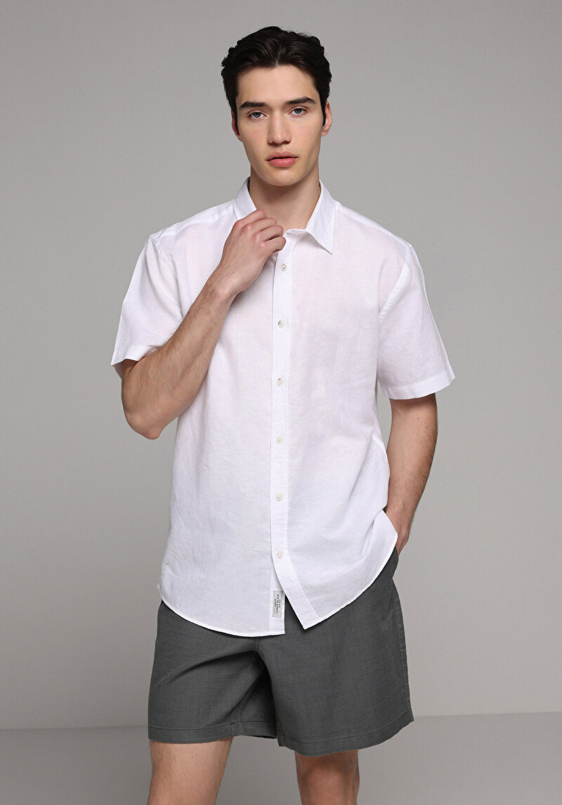 Regular Fit Shirt Neck Düz Erkek Beyaz Uzun Kol Gömlek