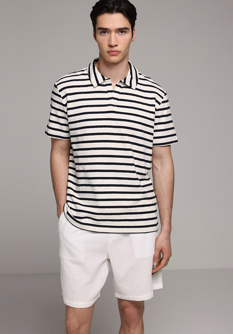 Regular Fit Polo Yaka Çizgili Erkek Lacivert Kısa Kol Tişört