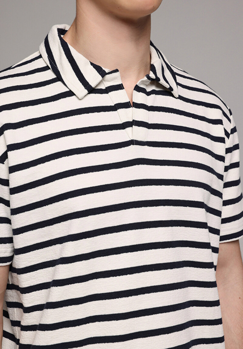 Regular Fit Polo Yaka Çizgili Erkek Lacivert Kısa Kol Tişört