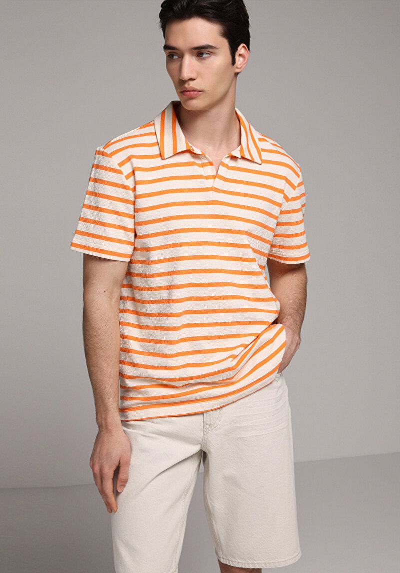 Regular Fit Polo Yaka Çizgili Erkek Turuncu Kısa Kol Tişört