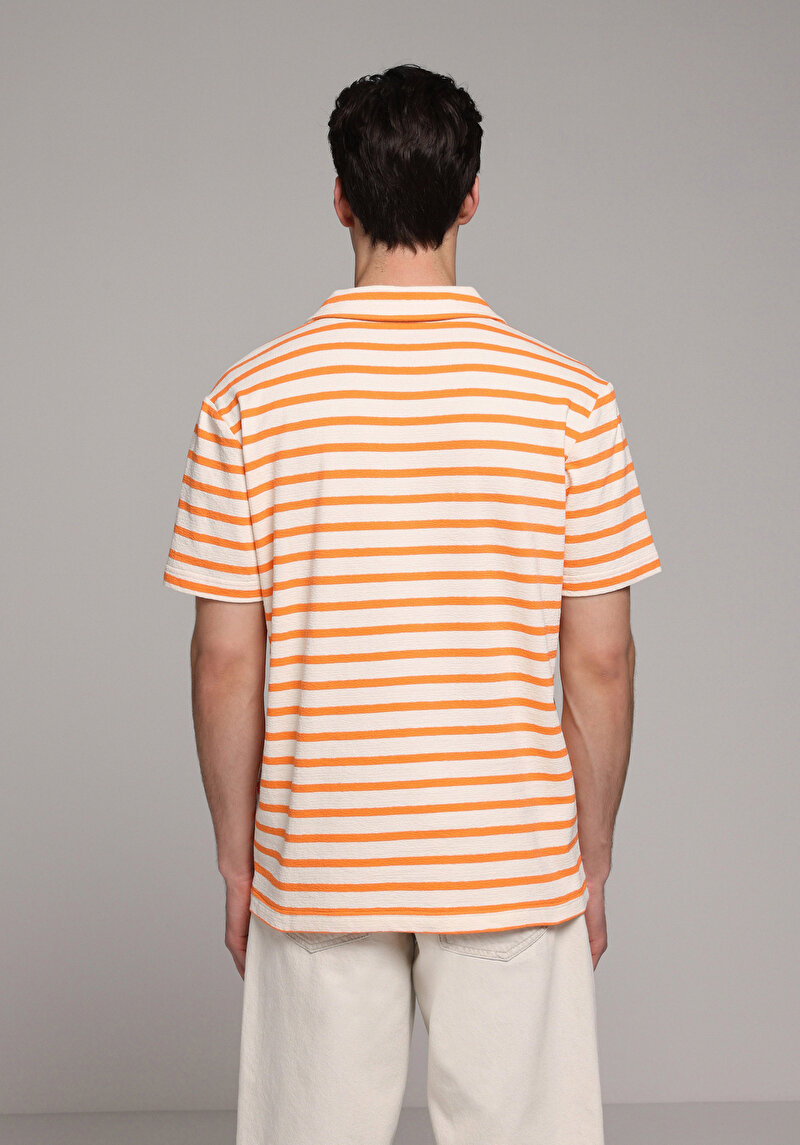 Regular Fit Polo Yaka Çizgili Erkek Turuncu Kısa Kol Tişört