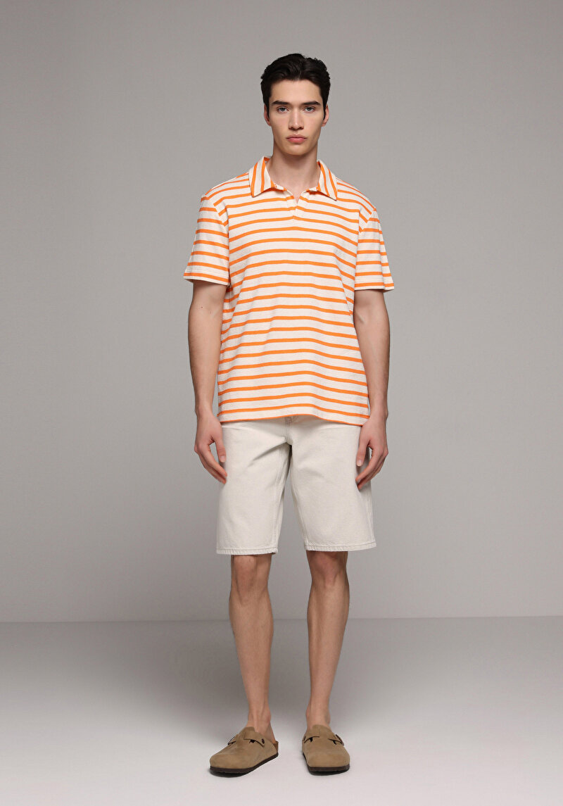 Regular Fit Polo Yaka Çizgili Erkek Turuncu Kısa Kol Tişört