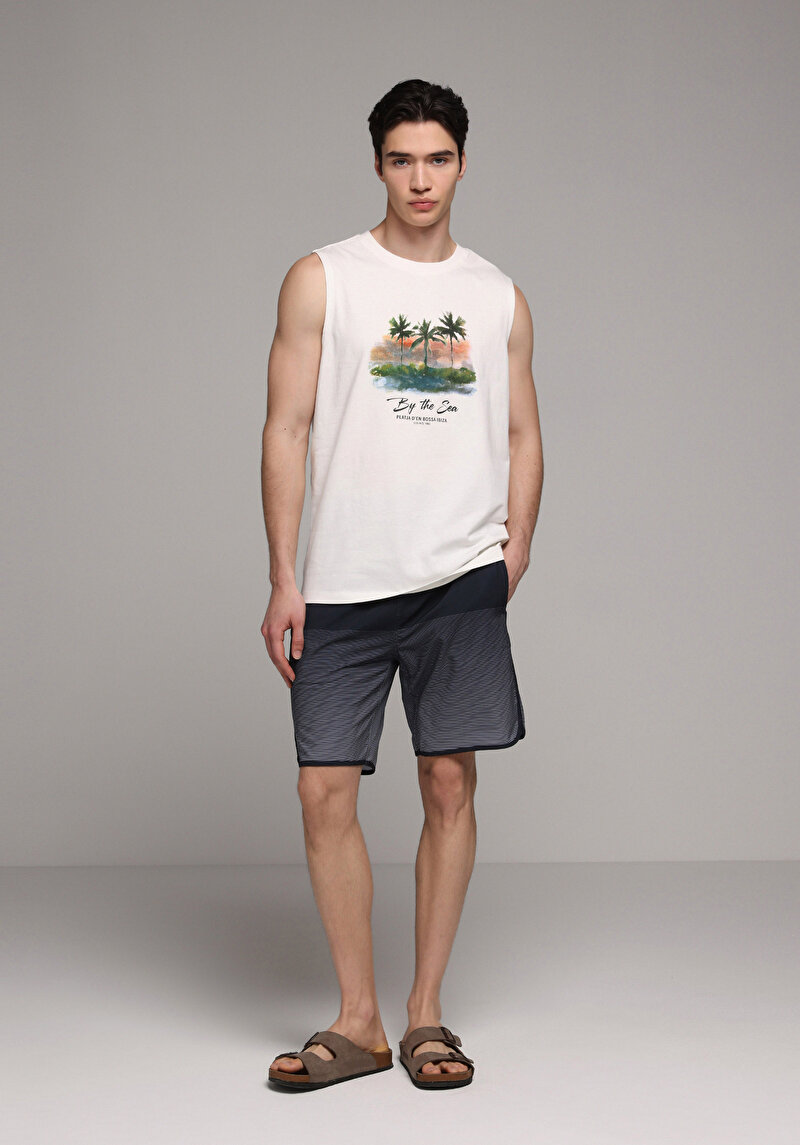 Slim Fit Baskılı Erkek Lacivert Deniz Şortu