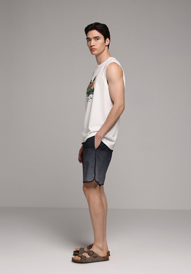 Slim Fit Baskılı Erkek Lacivert Deniz Şortu
