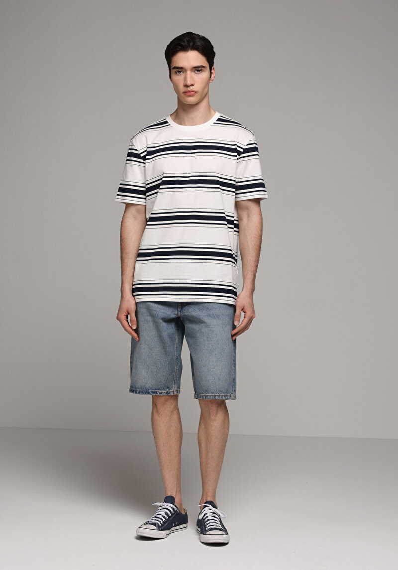 Loose Straight Fit Orta Bel Düz Erkek Mid İndigo Denim Jean Şort