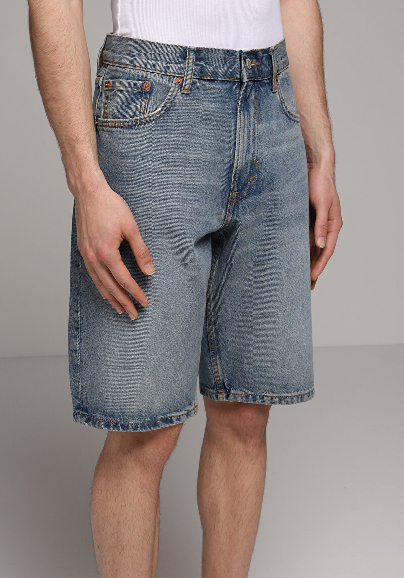 Loose Straight Fit Orta Bel Düz Erkek Mid İndigo Denim Jean Şort
