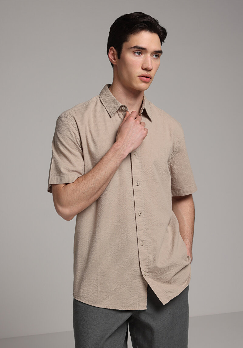 Regular Fit Shirt Neck Düz Erkek Bej Kısa Kol Gömlek