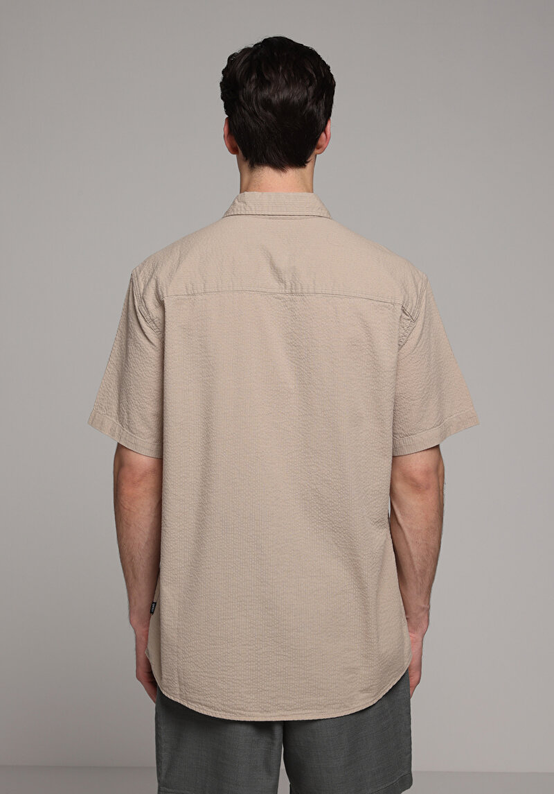 Regular Fit Shirt Neck Düz Erkek Bej Kısa Kol Gömlek
