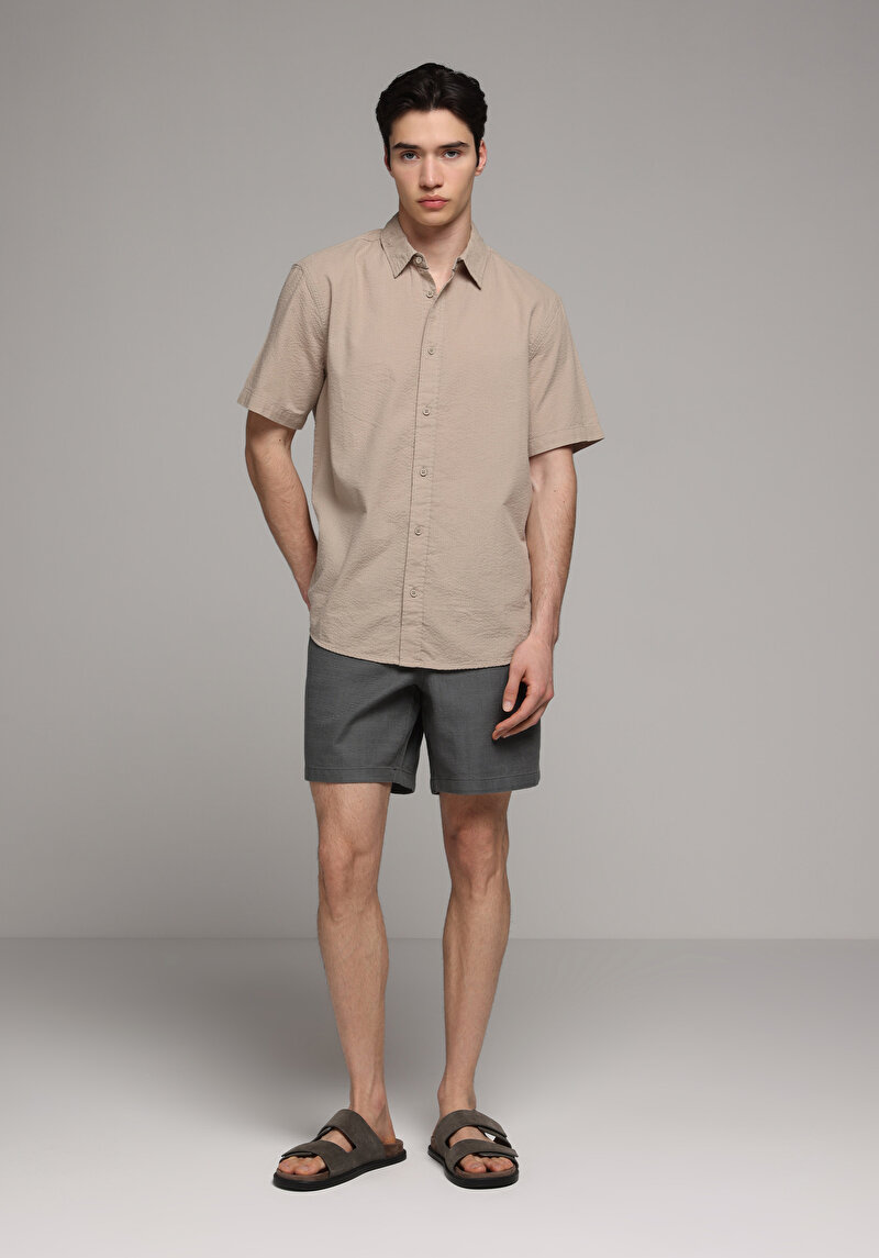 Regular Fit Shirt Neck Düz Erkek Bej Kısa Kol Gömlek