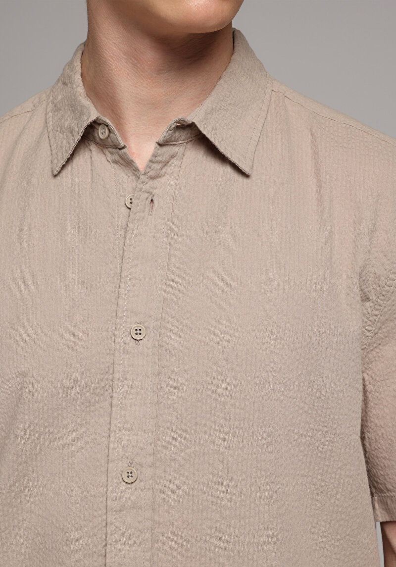 Regular Fit Shirt Neck Düz Erkek Bej Kısa Kol Gömlek
