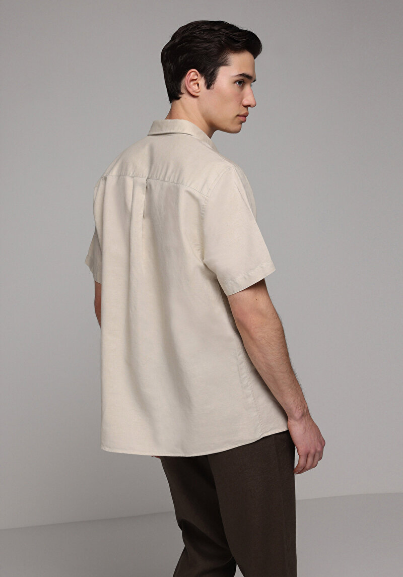 Regular Fit Shirt Neck Düz Erkek Bej Uzun Kol Gömlek