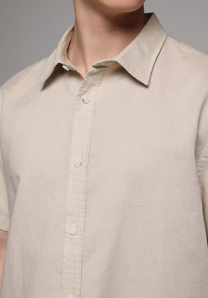 Regular Fit Shirt Neck Düz Erkek Bej Uzun Kol Gömlek