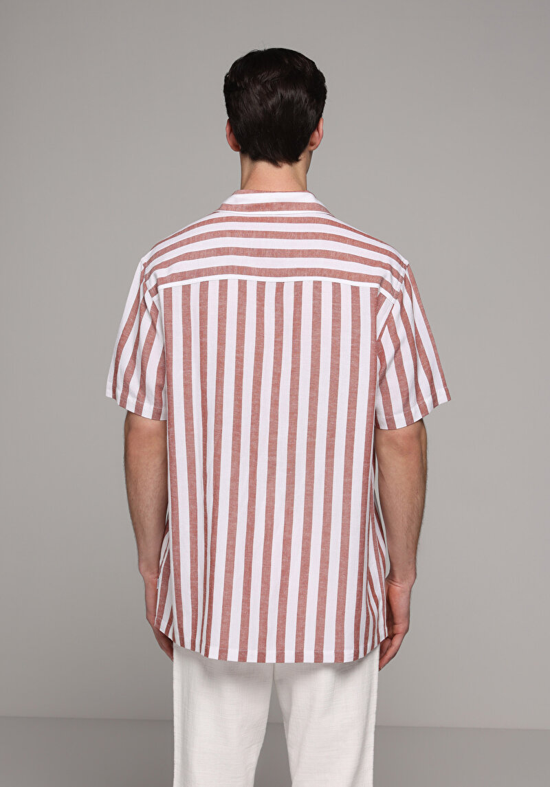 Relaxed Fit Apaj Yaka Çizgili Erkek Turuncu Kısa Kol Gömlek