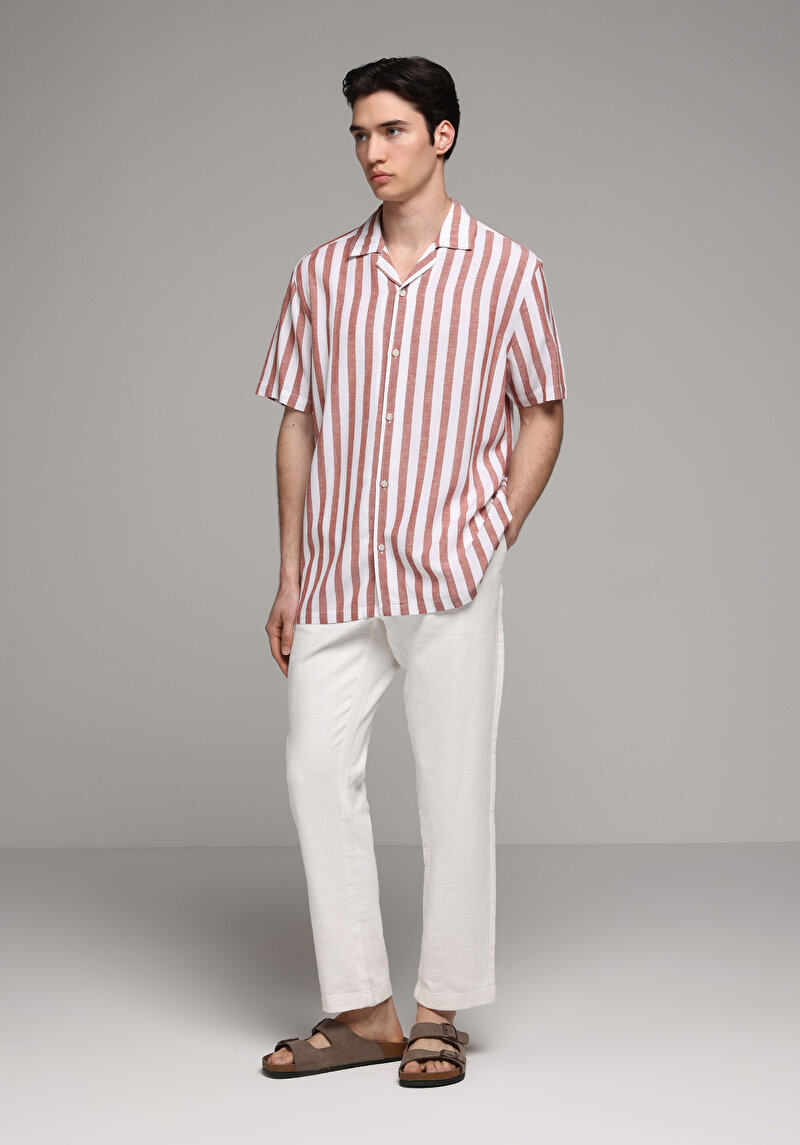 Relaxed Fit Apaj Yaka Çizgili Erkek Turuncu Kısa Kol Gömlek
