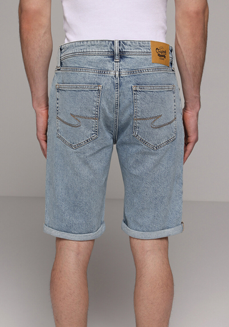 Straight Fit Orta Bel Düz Erkek Light İndigo Denim Jean Şort