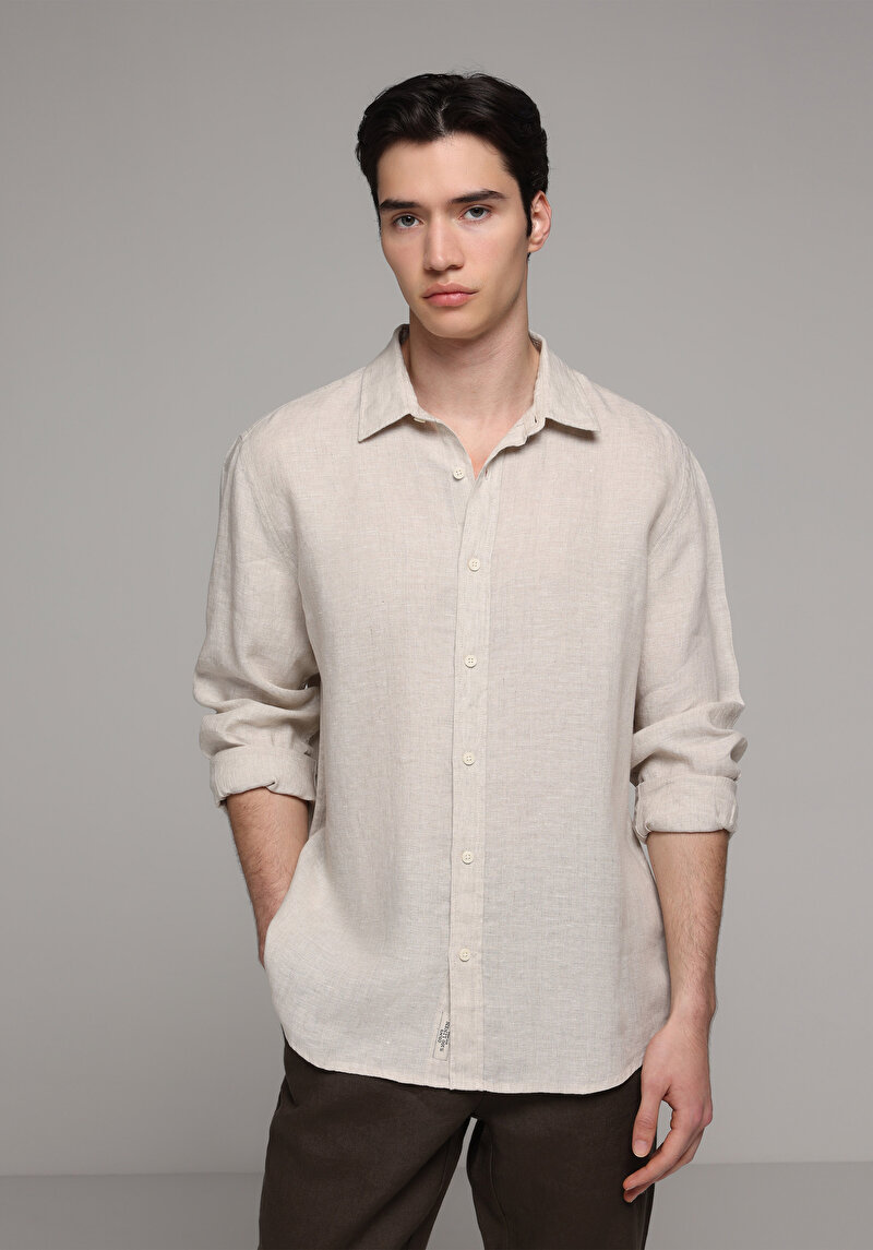 Regular Fit Shirt Neck Düz Erkek Bej Uzun Kol Gömlek