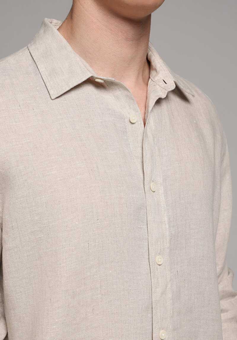 Regular Fit Shirt Neck Düz Erkek Bej Uzun Kol Gömlek
