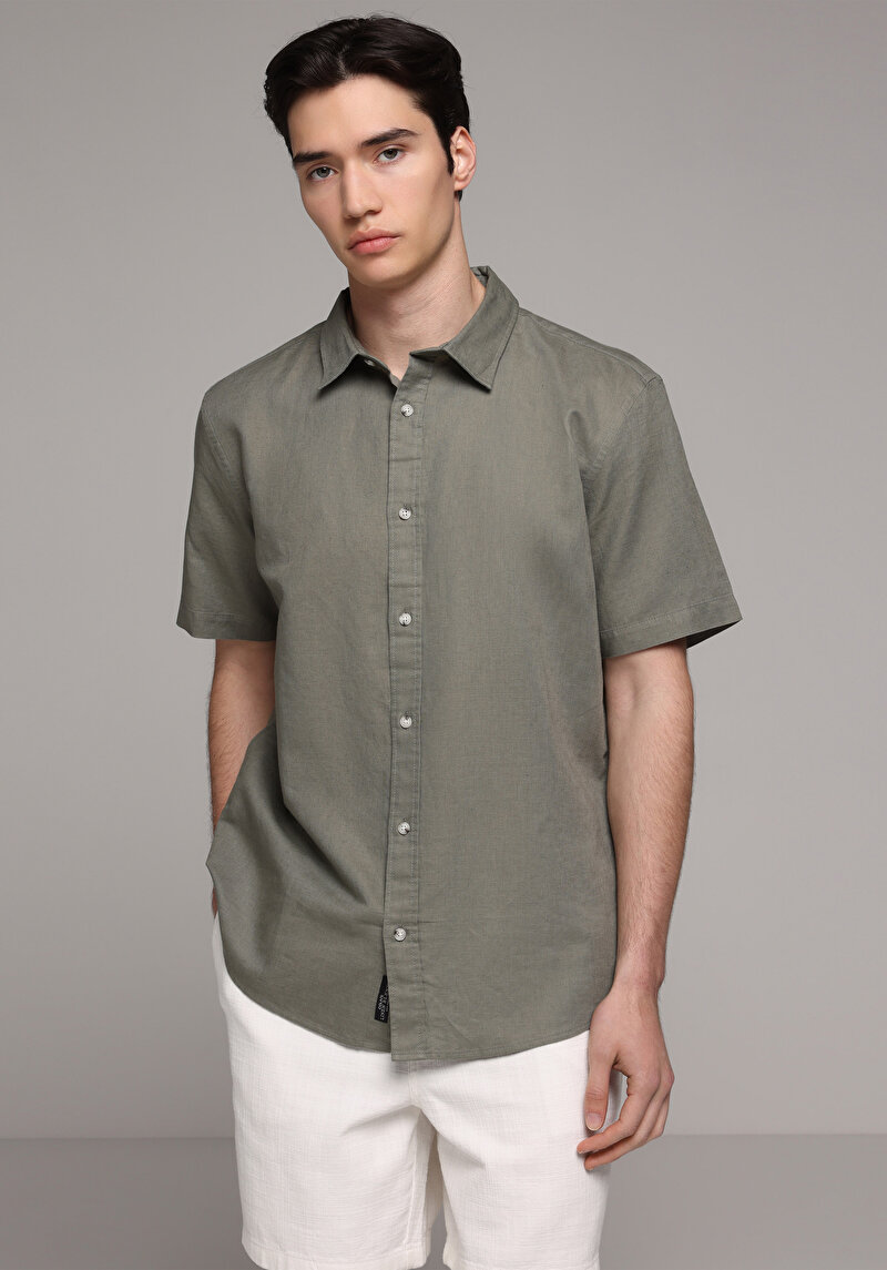 Regular Fit Shirt Neck Düz Erkek Yeşil Uzun Kol Gömlek