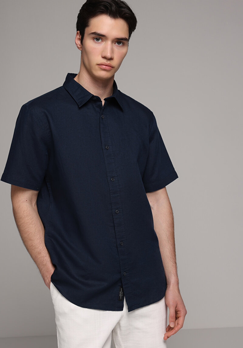 Regular Fit Shirt Neck Düz Erkek Lacivert Uzun Kol Gömlek