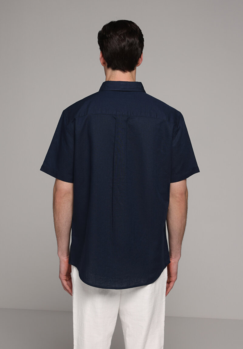 Regular Fit Shirt Neck Düz Erkek Lacivert Uzun Kol Gömlek